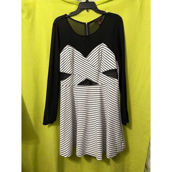 Material Girl Dresses & Skirts - Material Girl Mesh Striped Skater Dress XL Black White Cutouts Flare Long Sleeve